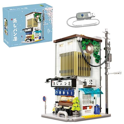 MISINI C66006W Technik Japanische Dampfbrötchen Haus mit Beleuchtungsset,Modulares Klemmbausteine MOC Haus Bauspielzeug,1108/pcs Groß Streetview Building Blocks - C66006w