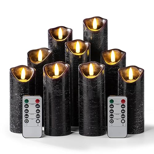 Pandaing Set of 9 Black Regular Textured Flameless Candles Battery Operated LED Real Wax Flickering Electric Candles with Remote Control Timer for Wedding Birthday Halloween Christmas Decorations - Black Regular Textured