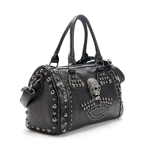 AlwaySky Women Skull Handbag Large Capacity Gothic Shoulder Bag Studded Doctor Handbag - Black