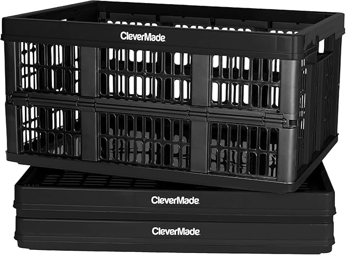 CleverMade Collapsible Utility Crate, Obsidian, 3PK - 45L (11 Gal) Collapsible Storage Bins, Holds 66lbs Per Bin - Plastic Stackable Grated Wall Utility Containers, CleverCrates Baskets - 45L Utility Crate - Pack of 3 - Obsidian
