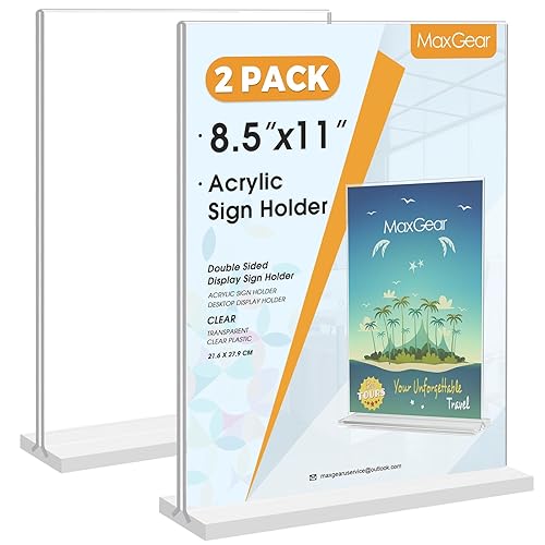 MaxGear Acrylic Sign Holder 8.5x11 Inches 2 Pack, Double Sided Clear Display Stand Table Top Sign Paper Holder, Vertical Menu Flyer Holder, Plastic Sign Frame for Stores, Restaurants, Hotels, Office - 2