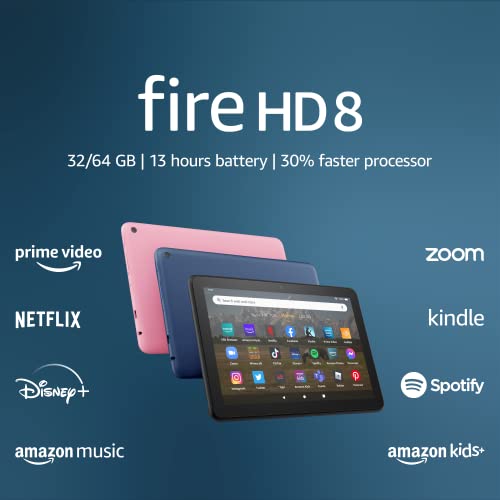 Amazon Fire HD 8 tablet, 8” HD Display, 64 GB, 30% faster processor, designed for portable entertainment, (2022 release), Black - 64 GB - Lockscreen Ad-Supported - Black - Fire HD 8