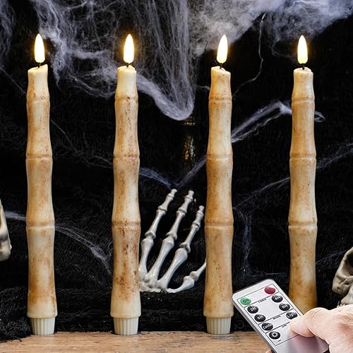NONNO & ZGF Halloween 4 Pack LED Finger Taper Candles, Covered Real Paraffin Wax and Ground Cinnamon, 10.2'' Flameless Battery Operated Candle with Remote and Timer Function - 4pack-C-Halloween