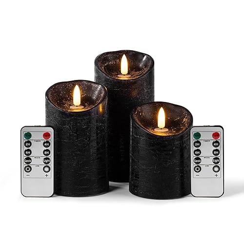 Pandaing Pack of 3 Black Regular Textured LED Flameless Flickering Battery Operated Candles with Remote and Timer, Real Wax Pillar Candles for Festival Wedding Halloween Christmas Home Party Decor - Black