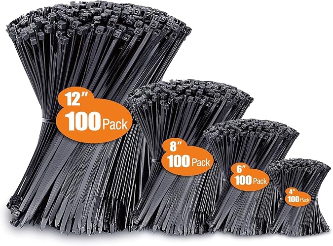 Cable Zip Ties,400 Pack Black Zip Ties Assorted Sizes 12/8/6/4 Inch,Multi-Purpose Self-Locking Nylon Cable Ties Cord Management Ties for Home,Office,Garden,Workshop - 12+8+6+4 Inch (400pack) - Black