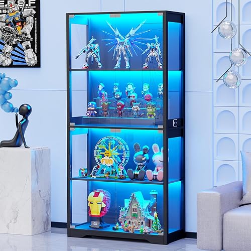BROTTAR Display Cabinet with Glass Doors, 4-Tier Curio Cabinet with 3 Color Lights for Collectibles, Glass Display Case with Human Body Sensor, Storage Cabinet, Black - Black