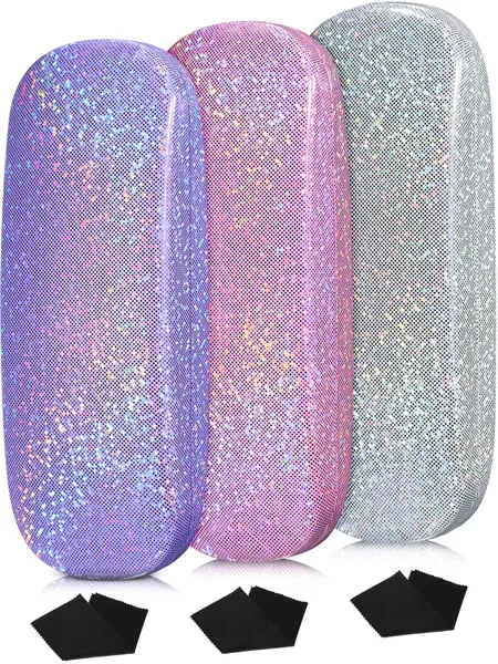 3 Pcs Hard Shell Eyeglasses Cases Glitter Sunglasses Protective Unisex Glasses Case with Cleaning Cloth - Pink, White, Purple
