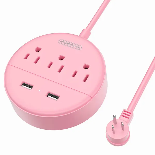 Rose Pink Power Strip with USB, NTONPOWER Flat Plug Extension Cord 5ft, Nightstand Desktop Charging Station with 3 Outlet and 2 USB, Wall Mount, Small Size for Dorm Room Home Office Travel, ETL Listed - 5 FT Cord Rose Pink