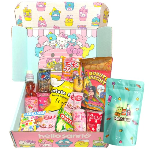 Sanrio x Mashi Box Mystery Asian Snack Box - 55 Total Pieces with at least 1 Drink and 6 Full-Sized Items, 40 Candies, and 8 Snacks - 