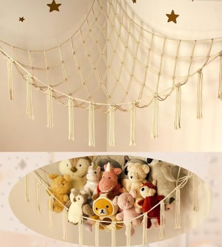 Stuffed Animal Storage Hammock or Net Corner - Large Toy Hammock Net for Stuffed Animals Room Decor - Cute Stuff Animal Organizer Holder for Plush Plushie - Kids Baby Nursery Wall Bedroom Home Decor - Large - Beige