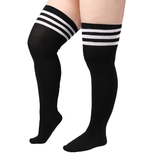 DRESHOW Plus Size Thigh High Socks Striped Over Knee Long Boot Stockings Knee High Tube Socks Leg Warmers for Women, 1 Pair Plus Size: Black (Stripe), Plus Size