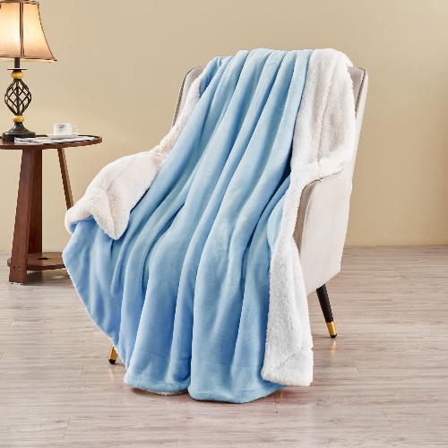 LINENOVA Sherpa Fleece Blanket for Bed, Super Soft Fleece Plush Sofa Couch Throw Blanket, Comfy Cozy Fluffy Warm Comforter (Light Blue, 152x203cm) - 152x203cm - Light Blue