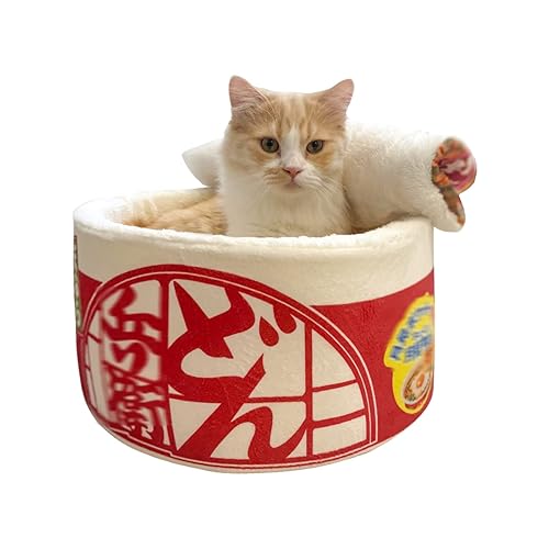 Ramen Cat Bed Instant Noodle Shape Cat House Calming Cat Beds for Indoor Cats Cute and Comfortable Pet Cat House Detachable Multifunctional Soft Pet Bed Suitable for Small Cats and Dogs (M,Red) - 15.7"L x 15.7"W x 7.9"Th - Red