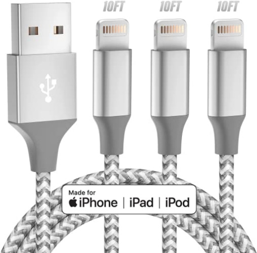 Bkayp Apple MFi Certified iPhone Charger 3pack 10FT Long Lightning Cable Fast Charging High Speed Data Sync USB Cable Compatible iPhone 13/12/11 Pro Max/XS MAX/XR/XS/X/8/7/Plus/6S (Grey White) - Grey