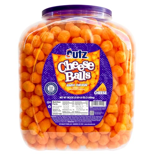 Utz Cheese Balls Barrel, Tasty Snack Baked with Real Cheddar Cheese, Delightfully Poppable Party Snack, Gluten, Cholesterol and Trans-Fat Free, Kosher Certified, 36.5 Oz - 2.28 Pound (Pack of 1)