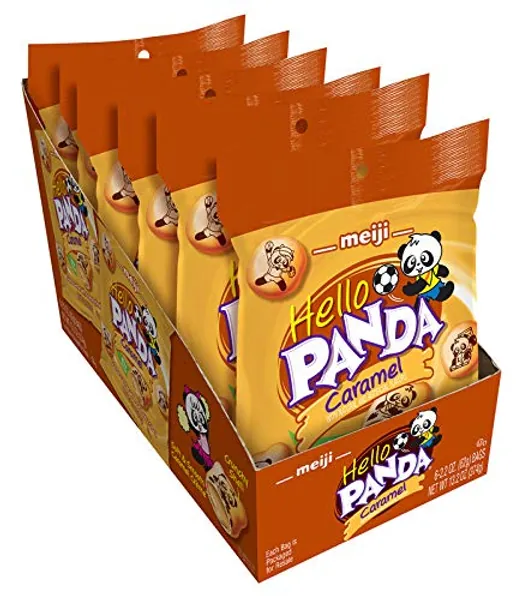 Meiji Hello Panda Cookies, Caramel Crème Filled - 2.2 oz, Pack of 6 - Bite Sized Cookies with Fun Panda Sports - Caramel - 2.2 Ounce (Pack of 6)