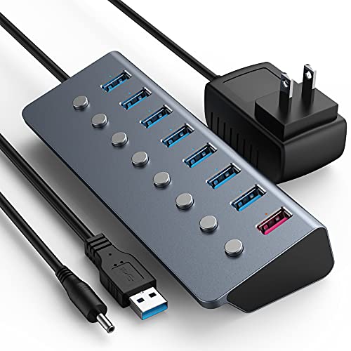Powered USB Hub 3.0, 8-Port USB Splitter Hub (7*USB3.0 Data Transfer Ports + 1*Charging Port) with Individual LED On/Off Switches, USB Hub 3.0 Powered with Power Adapter for Mac, PC