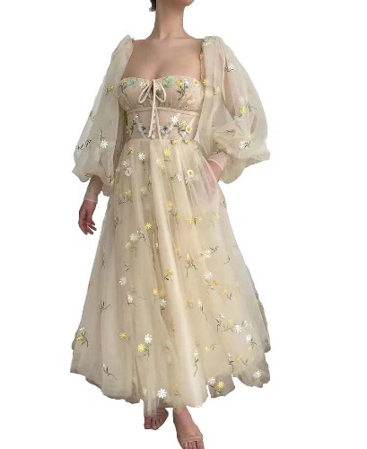 UZN Flower Embroidery Puffy Sleeves Prom Dresses Tulle Tea Length Formal Gowns Pleated Evening Party Dress - Beige 8