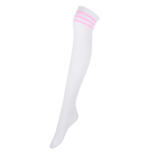 Intgoodluckycc Thigh High Socks for Women, Long Knee High Socks, Womens Over The Knee Socks Stockings - One Size - 1 Pair - White With Pink Stripes