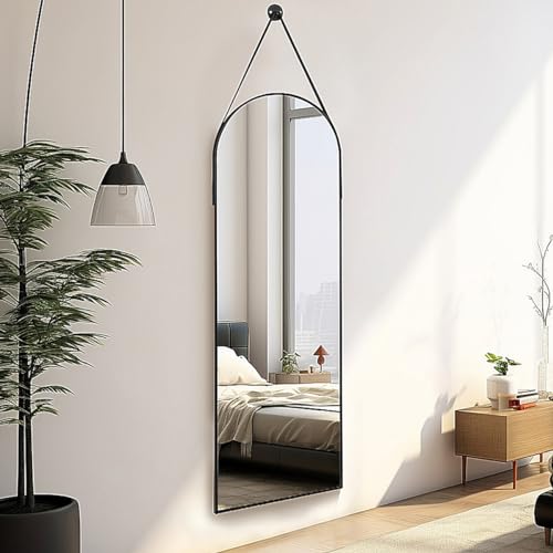 Otlsh 16"x48" Arched Mirror, Wall Mirror, Hanging Mirrors with Leather Strap, Full Length Mirror, Wall Mounted Arch Mirror, for Living Room, Bathroom, Bedroom, Entryway -Black - Black-16"×48"