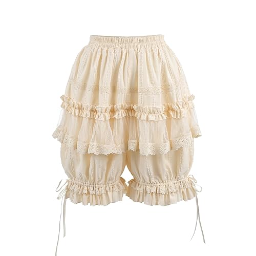 Fiamll Damen Süße Weiße Pumphose Schlafanzughose mit Spitze und Rüschzen Sicherheitshose Unterwäsche Leggings - Beige-1282 - M