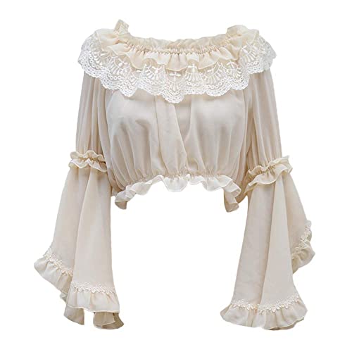 Lolita-Hemd für Mädchen, Spitze, Glockenärmel, Chiffon, bauchfrei - Einheitsgröße - Beige