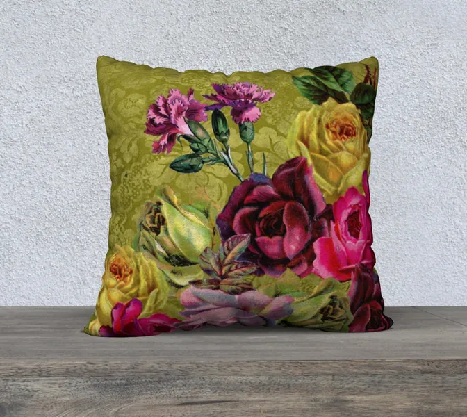 Vintage Roses, Carnations, Floral Cushion Cover, Olive Green, Damask, Velveteen, Throw Pillow, Sofa Cushion, French Country, Vintage Style