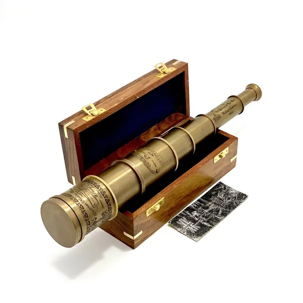 Antique Victorian Telescope Antique 20" Hand Extending Naval Victorian Pirate Telescope With Beautiful Polished Anchor Engraved Hardwood Box