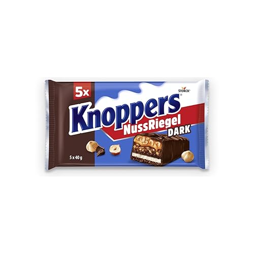 Knoppers NussRiegel Dark – 1 x 200g (5 Riegel) – Waffelriegel mit Milch- und Nugatcreme mit Gebäckstückchen, gehackten Haselnüssen und zartem Karamell, umhüllt von dunkler Milchschokolade - Dark - 1 x 200g
