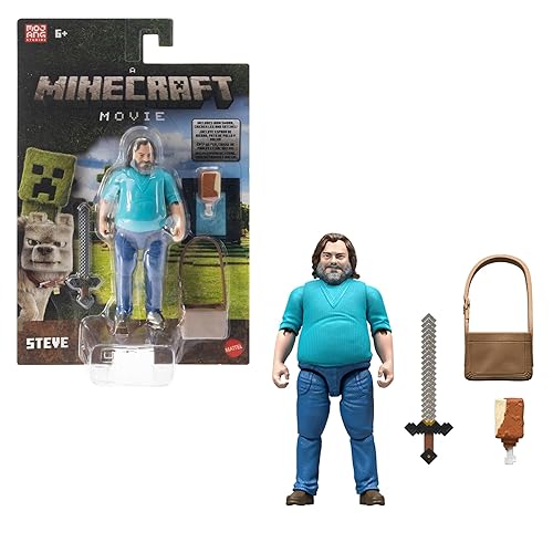 Mattel Minecraft Actionfigur- und Zubehörset, 10 cm große, bewegliche Sammelfigur Steve, inspiriert von Ein Minecraft Film, JFR57, [Mehrfarbig]