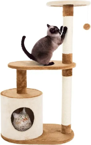 PETMAKER - Árbol para gatos de 3 niveles, 2 perchas para siestas, condominio para gatitos, 2 postes rascadores de cuerda de sisal y juguete para colgar, torre para gatitos de interior (marrón)
