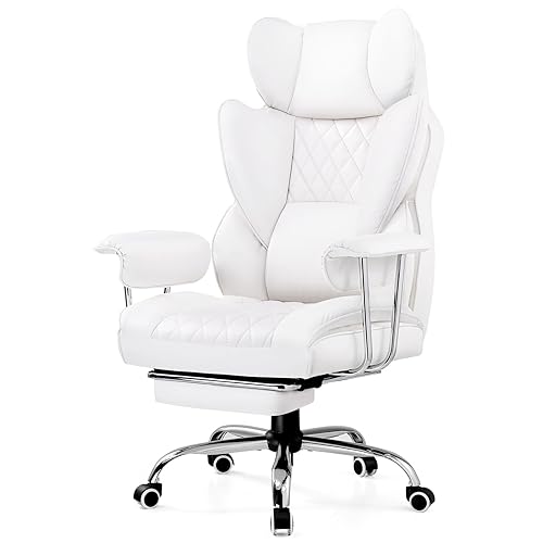 GTRACING Gaming Chair,Office Chair with Pocket Spring Lumbar Support, Ergonomic Comfortable Wide Office Desk Computer Chair with Outward Fixed Soft Armrests and Footrest (PU Leather, White) - White