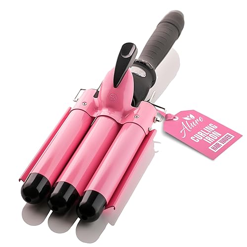 Alure Three Barrel Curling Iron Wand Hair Waver with LCD Temperature Display - 1 Inch Ceramic Tourmaline Triple Barrels, Dual Voltage Crimp - Pink