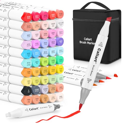 Caliart Alcohol Brush Markers, 51 Colors Dual Tip Artist Brush & Chisel Tip Sketch Art Markers, Aesthetic Cute Preppy Stuff School Supplies, Pens for Lettering Cards Drawing Mothers Day Gift for Mom - 51