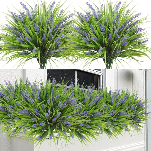 BIGFIS 12 Bundles Artificial Plants Outdoor Fake Monkey Grass with Flowers for Pot UV Resistant Garden Decor for Window Garden Patio Hanging Planter Pathway Front Porch (12, Purple) - 12 - Purple
