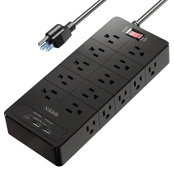 Power Strip 23 in 1, 20 Outlets Surge Protector Wall Mount with 2 USB Ports + 1 USB C Port 3.1A Total, Multi Plug Extension Cord 6ft Heavy Duty, USB Charging Station for Multiple Devices, Home, Office - black power strip surge protector
