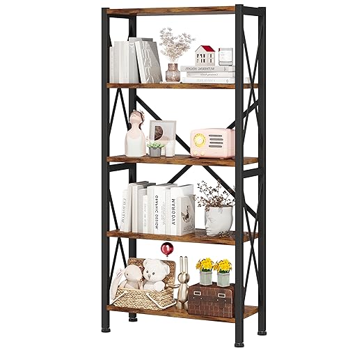 Homeiju 5-Tier Bookshelf,Wood Bookcase,Book Shelf with Steel Frame, Storage Rack with Open Shelves, Rustic Standing Bookshelves Ladder Shelf 110lbs/shelf for Bedroom,Living Room and Home Office - 5 Tier - 23.6"W - Vintage