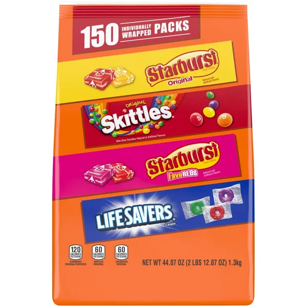SKITTLES, STARBURST Original, STARBURST Fave Reds, & LIFE SAVERS Gummies Halloween Candy Mix, 44.07 oz. 150-Piece Bag - 