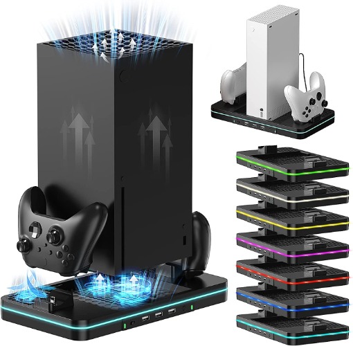 Vertical Cooling and Charging Stand Compatible with Xbox Series X/S Console＆Controller, 7 Color Lights/3 USB Ports, Vertical Dual Controller Charger Station Dock Accessories - 2 Gear Fan Speed - xbox stand
