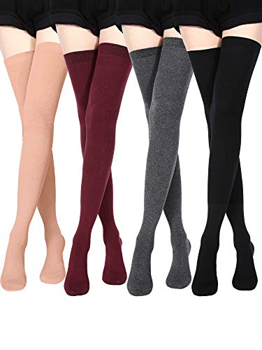 SATINIOR Extra Long Socks Thigh High Cotton Socks Extra Long Boot Stockings for Women - Dark Grey, Black, Wine Red, Skin Color - 4