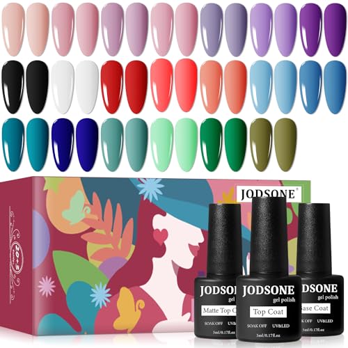 JODSONE 35 Pcs Gel Nail Polish Kit with U V Light of 32 Color Soak OFF Gel Polish Nail Collections Base and Top Coat Nail Gel Manicure Tools - 20SET-01B