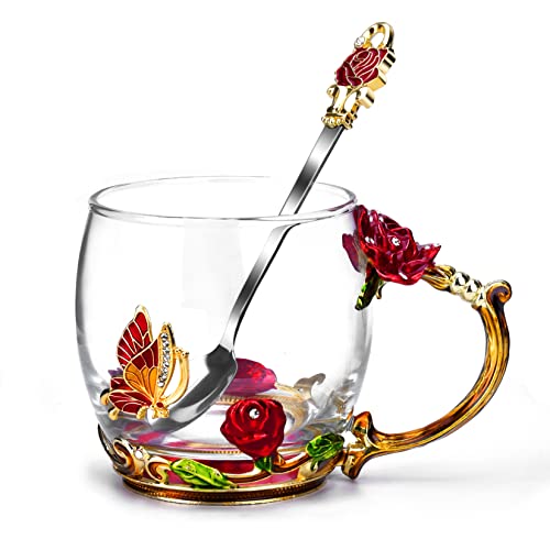 Glass Coffee Enamels Mug Best Birthday Gifts for Mom Women Butterfly Rose Lead-Free Stocking Stuffers for Women Red Tea Cup with Spoon Christmas Set Gifts for Women Her Mothers Valentines Day 11.3oz - Red