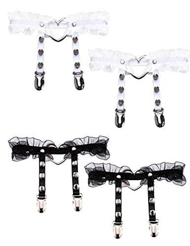 Adove Women Adjustable Leather Thigh Garter, Heart Shaped Leg Garter with Clips Punk Goth Garters for Thigh high Socks Black - 2p Black,2p White Lace