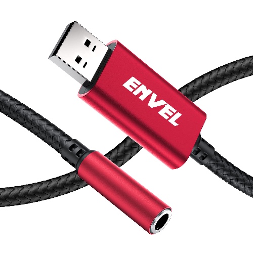 ENVEL USB to 3.5mm Jack Audio Adapter,USB to AUX,External Stereo Sound Card for PS4/PS5/PC/Laptop, Headphone Adapter with Built-in Chip TRRS 4-Pole Mic-Supported - Red