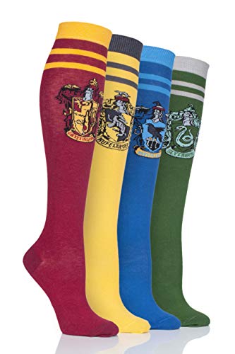 SockShop Ladies’ Harry Potter House Badges Cotton Knee High Socks, Gryffindor, Ravenclaw, Slytherin and Hufflepuff – Novelty Gifts for Wizards, Witches and Muggles! Pack of 4 Pairs - 4-8 - Assorted