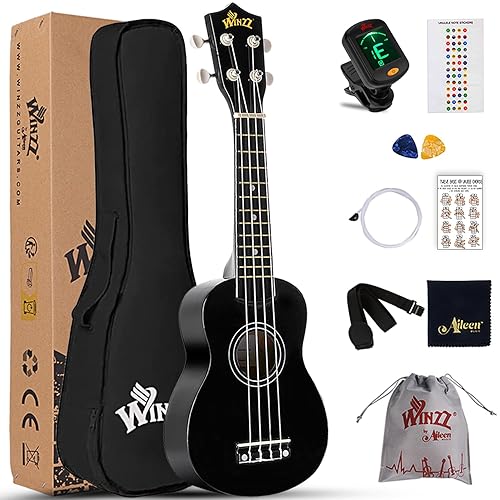 Winzz Soprano Ukulele Starter Kit For Beginners with Bag, Clip-On Tuner, Extra Strings, Strap, Plectrum, Fret Stickers, Chords Card, Polishing Cloth, Black - Black