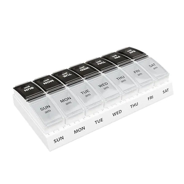 EZY DOSE Weekly (7-Day) AM/PM Pill Case, Medicine Planner, Vitamin Organizer, Small Pop-out Compartments, 2 Times a Day, Black and Clear Lids - Black and Natural - Small