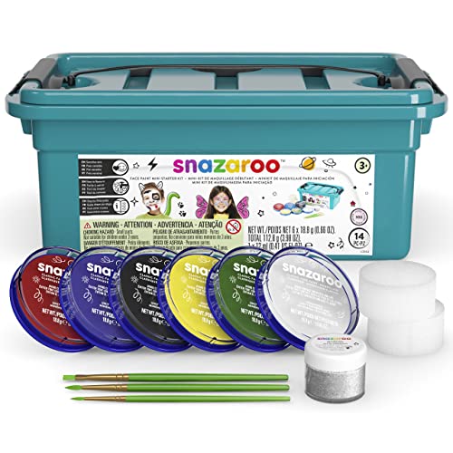Snazaroo Face Paint Mini Starter Kit for Kids and Adults, 14 Pieces, 6 Colours, 1 Glitter Gel, Brushes, Sponges, Guide, Water Based, Easily Washable, Non-Toxic, Makeup, Body Painting - Mini Starter Kit 14 Pieces - Single