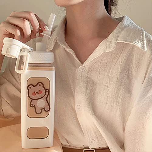 DKIIL NOIYB 700ml Kawaii Bear Water Bottle With Straw Plastic Portable Square Drinking Bottle Large Kawaii Water Bottle for Girl Cute Juice Tea Water Cups (With Sticker) - A White