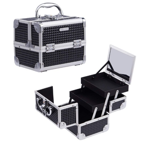 Joligrace Girls Makeup Box with Mirror Vanity Case Jewelry Organiser Nail Box Cosmetic Case Light Weight, 2 Trays Lockable with Keys (Black)